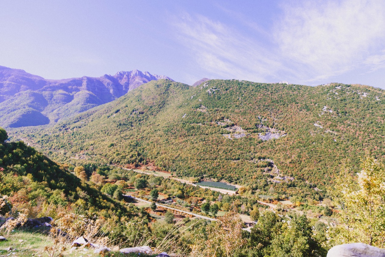 Green mountains above a valley road